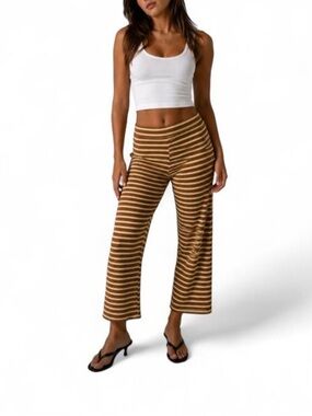 Rita Row Stretchy Wide Leg Athleisure Pants Rib Knit Brown Yellow Stripes Large